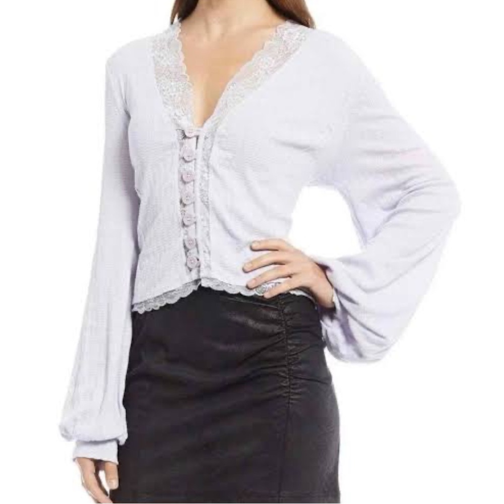 Free People Run With Me Cropped Button Cardigan Top Lilac V-neck Lace Trim Sz M
